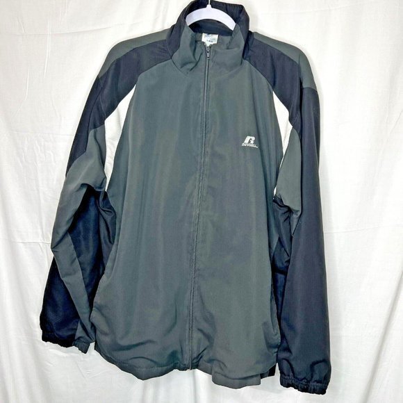 Russell Athletic‎ Jacket Large Track Windbreaker Gray Black Full Zip Mesh Lined - Picture 1 of 8